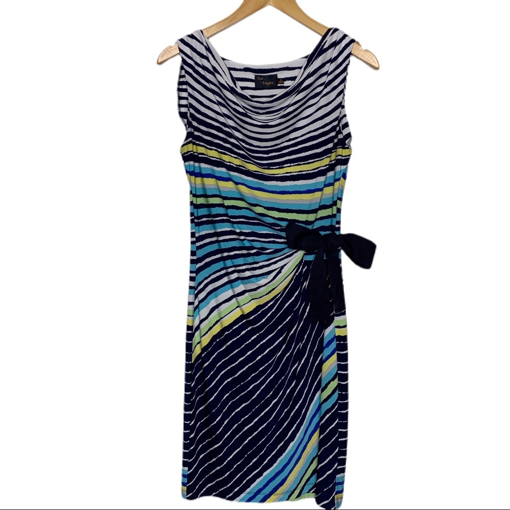 Just Taylor Blue Striped Ruched Ribbon Tie Dress